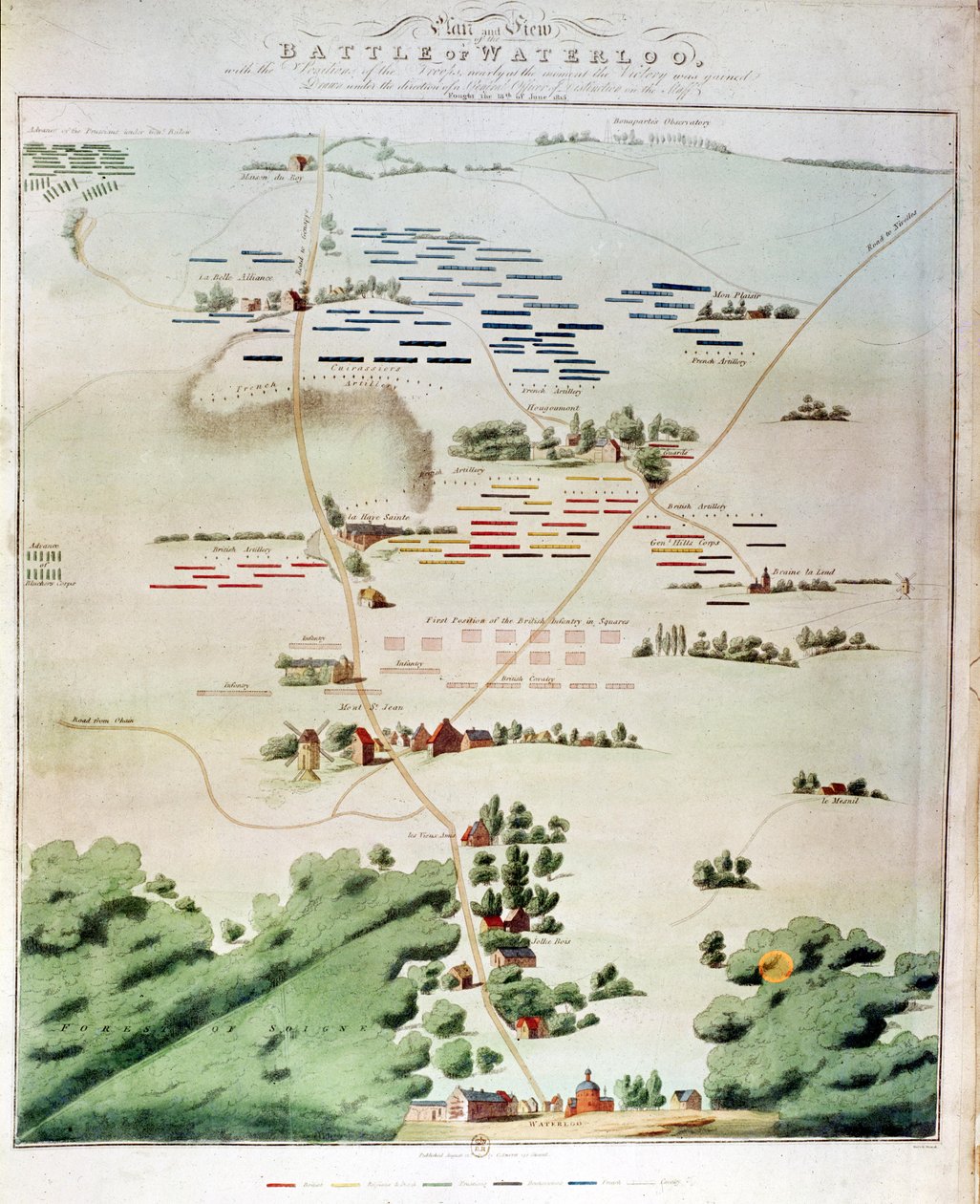 Plano y vista de la Batalla de Waterloo con la posición de los ingleses en rojo, los belgas en amarillo, los prusianos en verde y los franceses en azul de English School