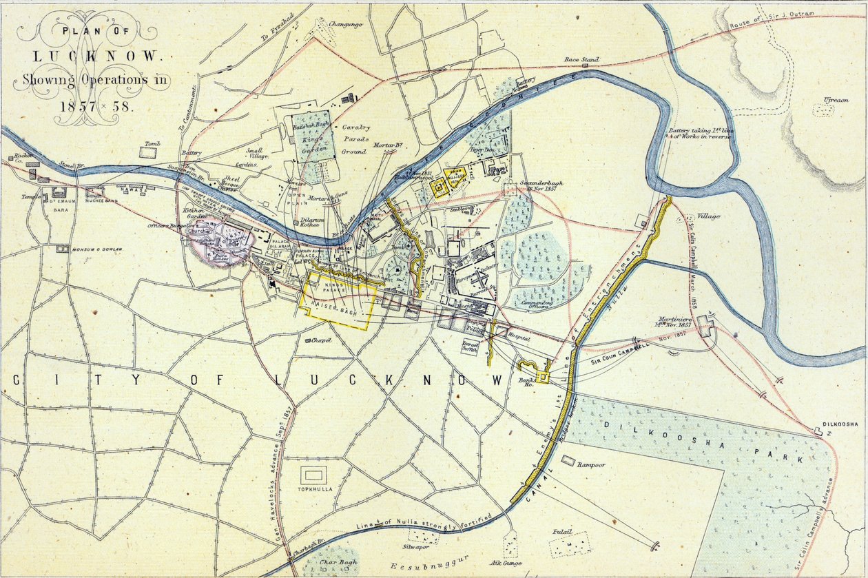 Plano de Lucknow mostrando operaciones en 1857-58, publicado por William Mackenzie, c.1860 de English School
