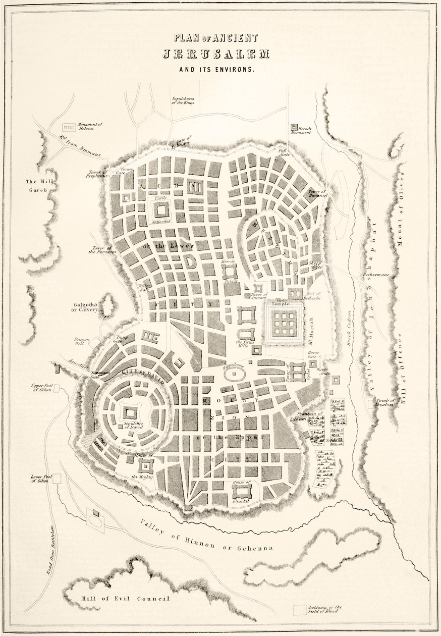 Plano de la antigua Jerusalén como se presumía en la época de Jesucristo de English School