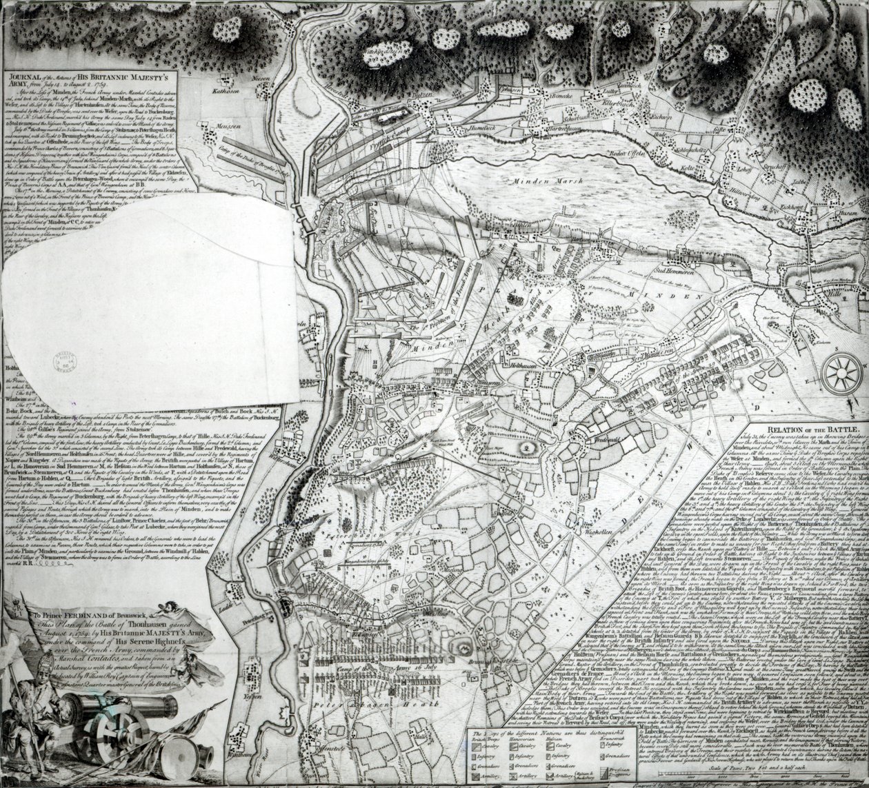 Plano de la Batalla de Minden, dibujado por el Capitán William Roy y grabado por Thomas Major, 1760 de English School