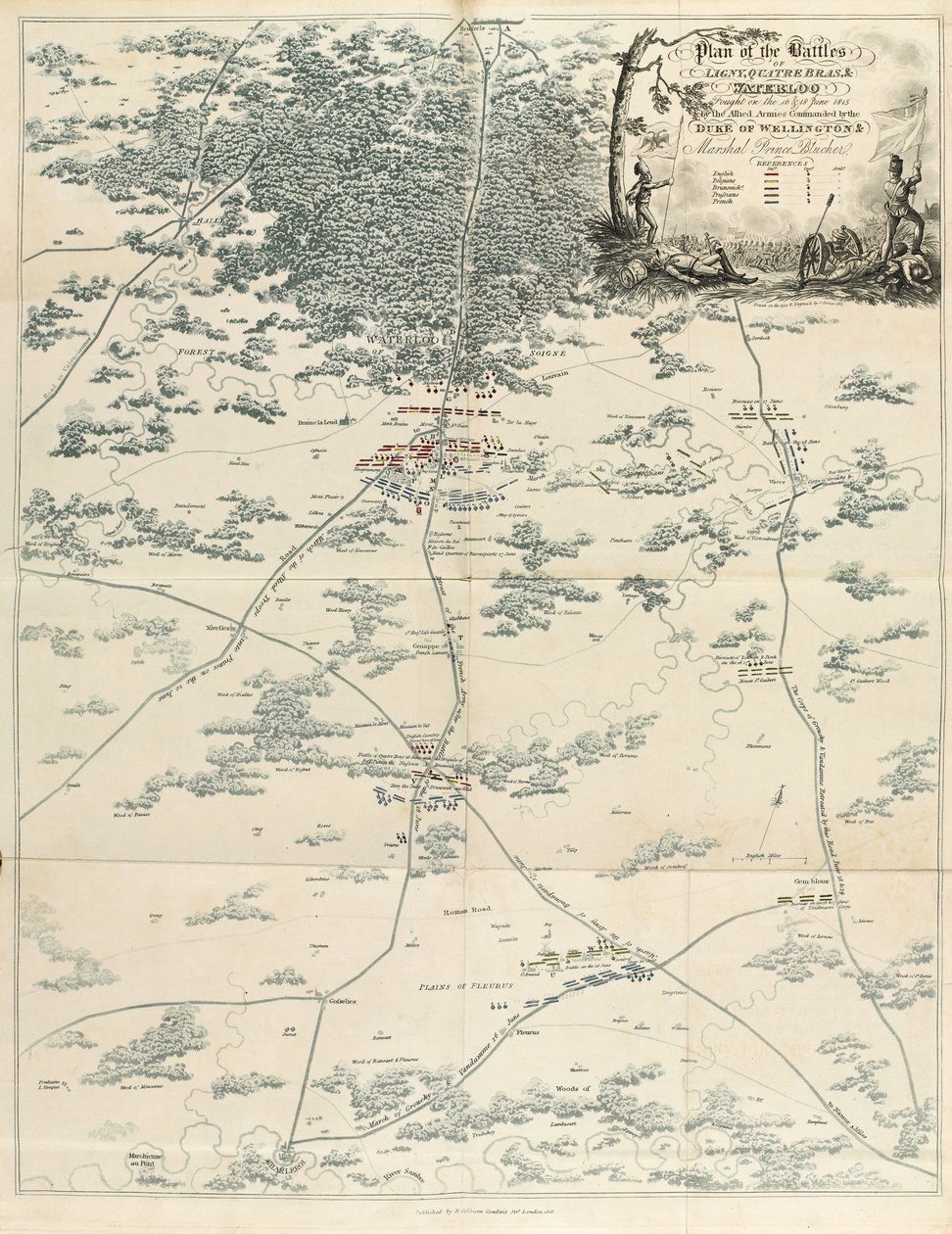 Plano de las batallas de Ligny, Quatre Bras y Waterloo de English School
