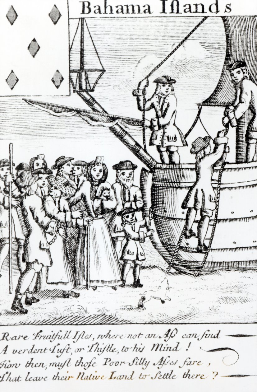 Carta de juego que representa inmigrantes llegando a las Islas Bahamas de English School