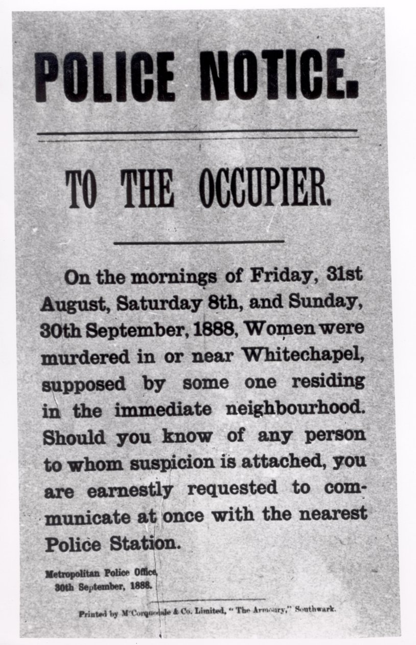 Aviso policial al ocupante relacionado con los asesinatos en Whitechapel, 30 de septiembre de 1888 de English School