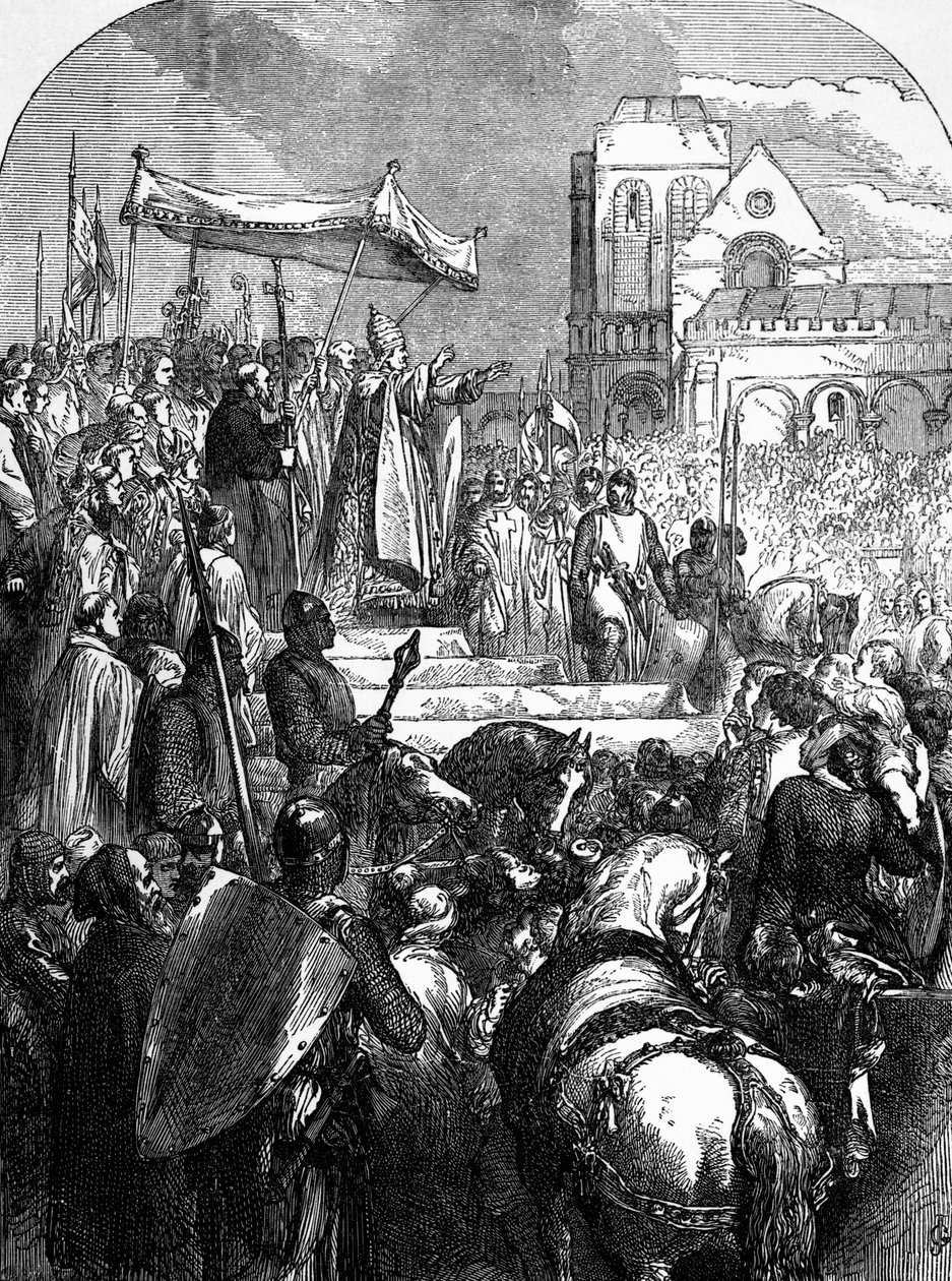El Papa Urbano II (c.1035-99) predicando la Primera Cruzada en la Plaza del Mercado de Clermont en 1095 de English School