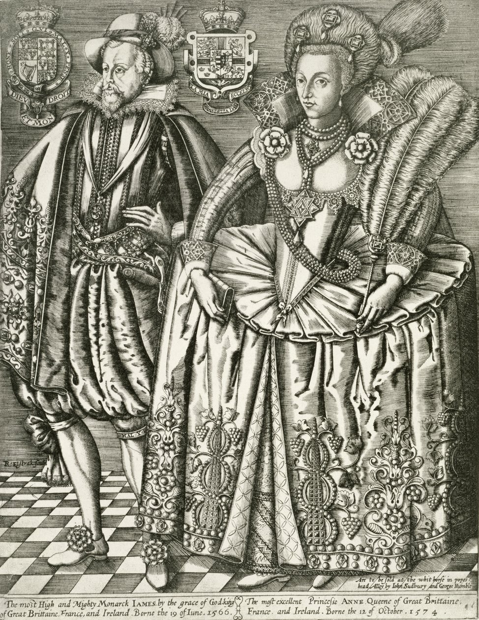Retrato de James I (1566-1625) y Anne de Dinamarca (1574-1619) página de título del Libro de los Reyes, grabado por Renold Elstrack (1571-c.1630) 1618 de English School