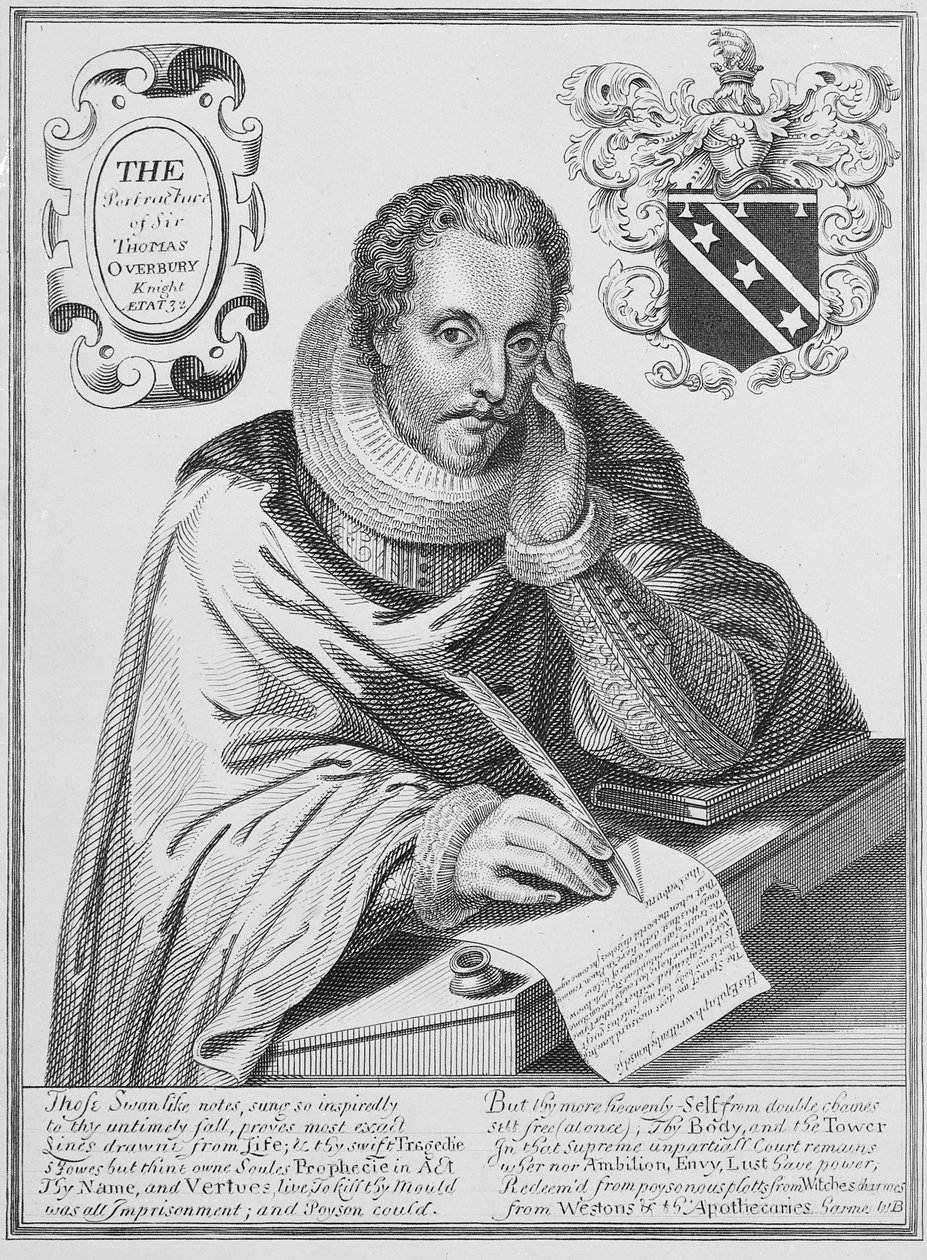 Retrato de Sir Thomas Overbury (1581-1613) escribiendo su epitafio, grabado por Renold Elstrack (1571-c.1630) 1613 de English School