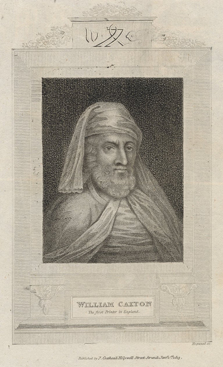Retrato de William Caxton (c.1422-91) y su marca de impresor de English School