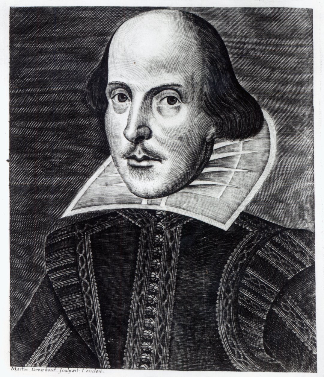 Retrato de William Shakespeare, grabado por Martin Droeshout, 1623 de English School