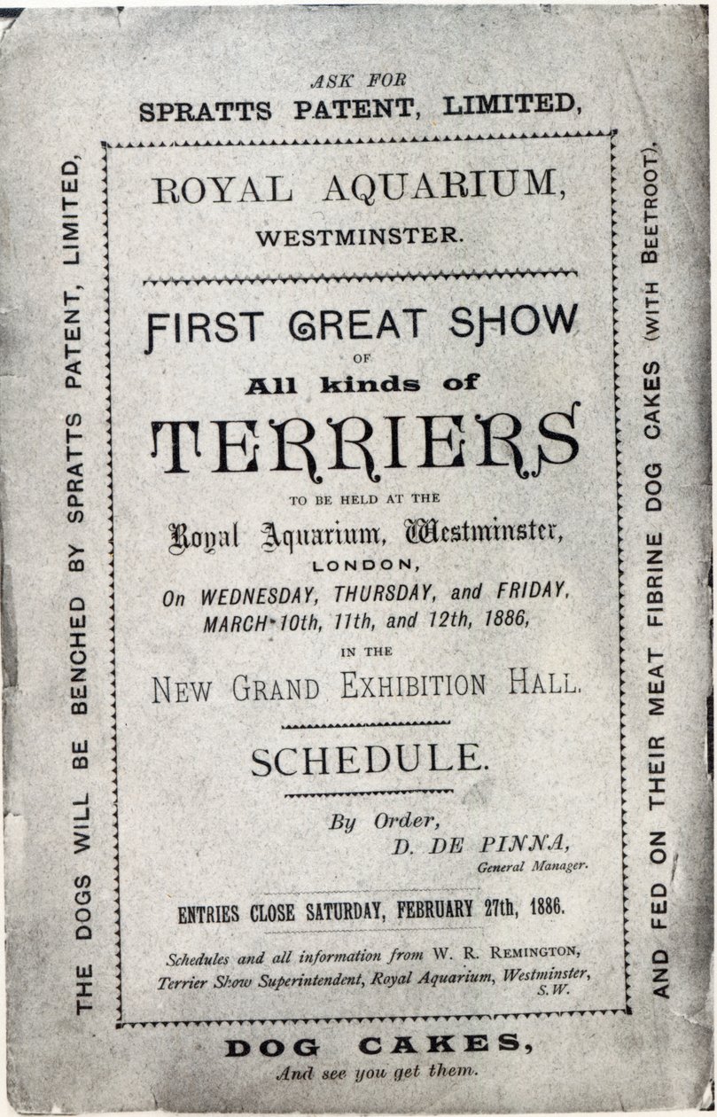 Póster anunciando el Show del Club de Terrier Aliado en el Royal Aquarium, Westminster en 1886 de English School