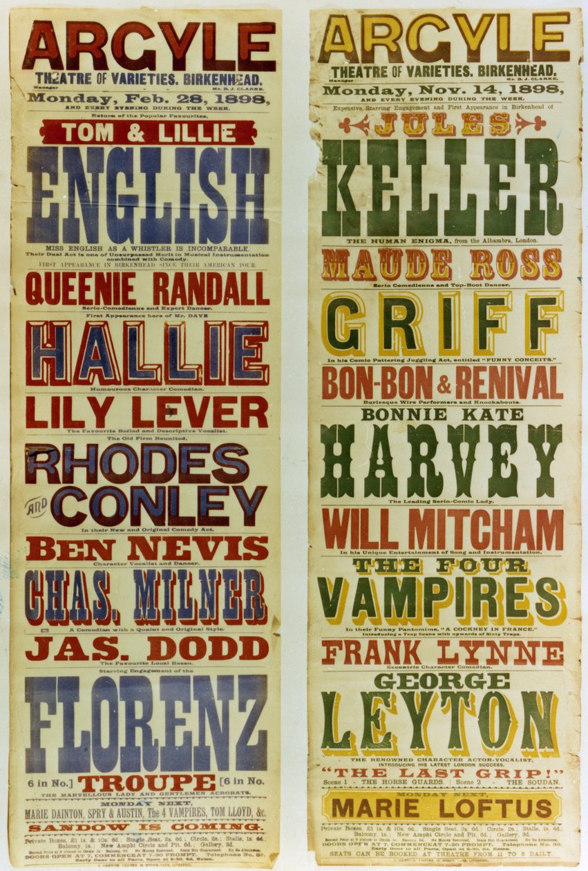 Carteles para el Teatro de Variedades Argyle, Birkenhead, 1898 de English School