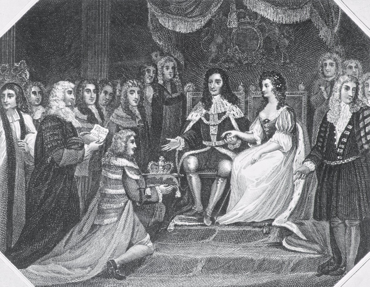 Presentación de la Declaración de Derechos a Guillermo III (1650-1702) de Orange y María II (1662-94) de English School