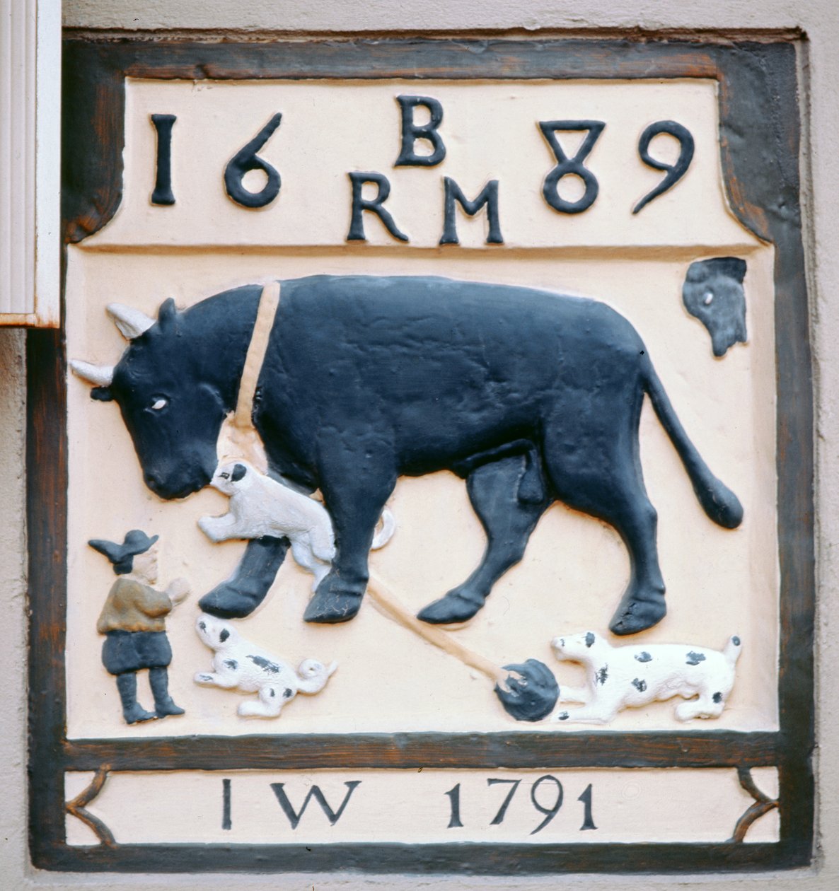Letrero del pub del Bull and Dog (anteriormente el Black Bull) 1689 de English School