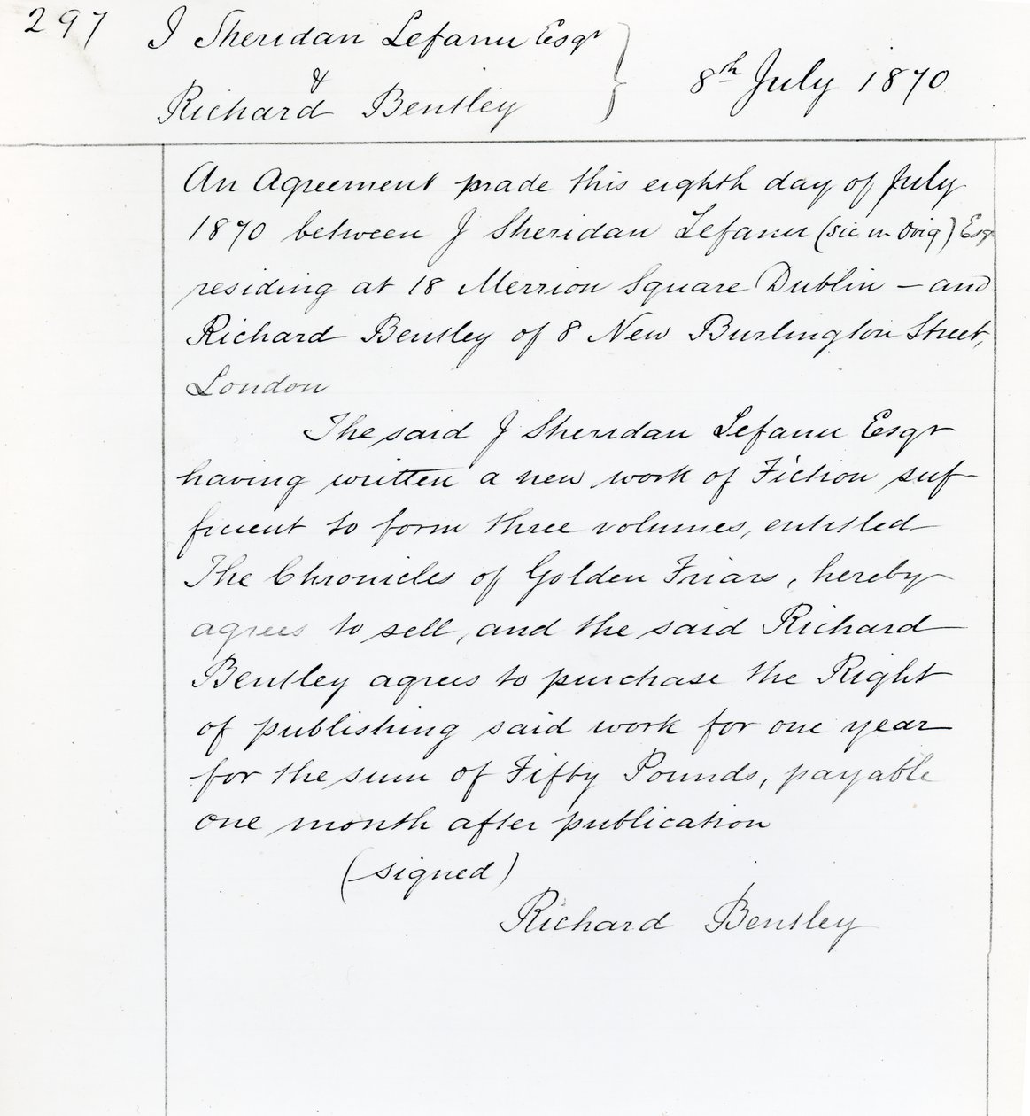 Contrato de publicación entre Joseph Sheridan Le Fanu y Richard Bentley para 