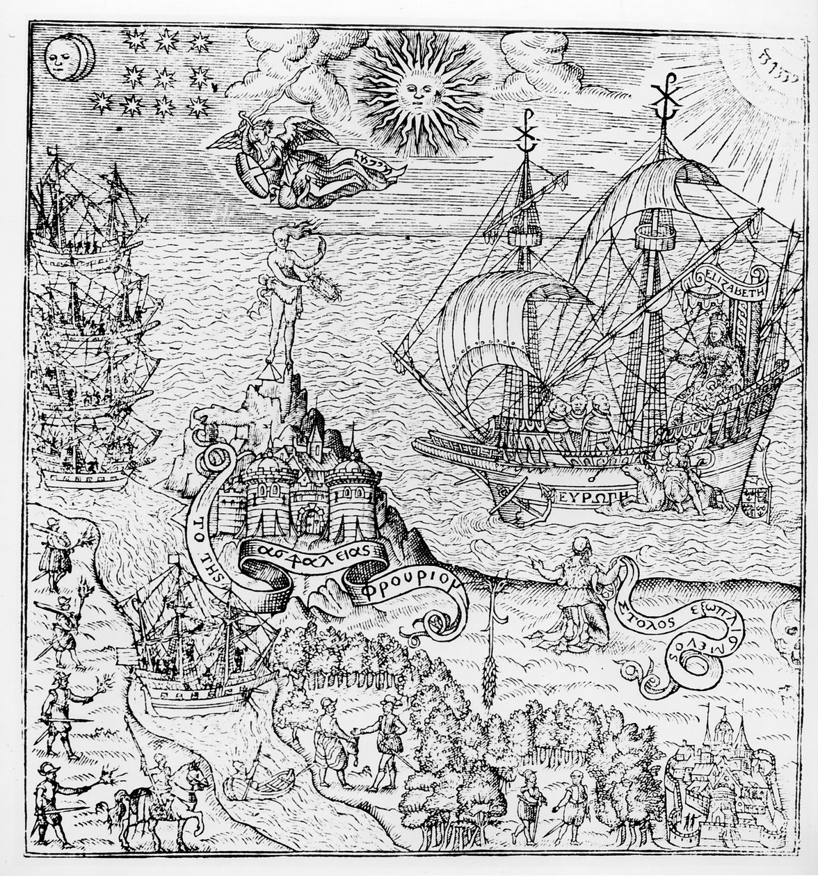 La reina Isabel I (1553-1603) a bordo de un barco de English School