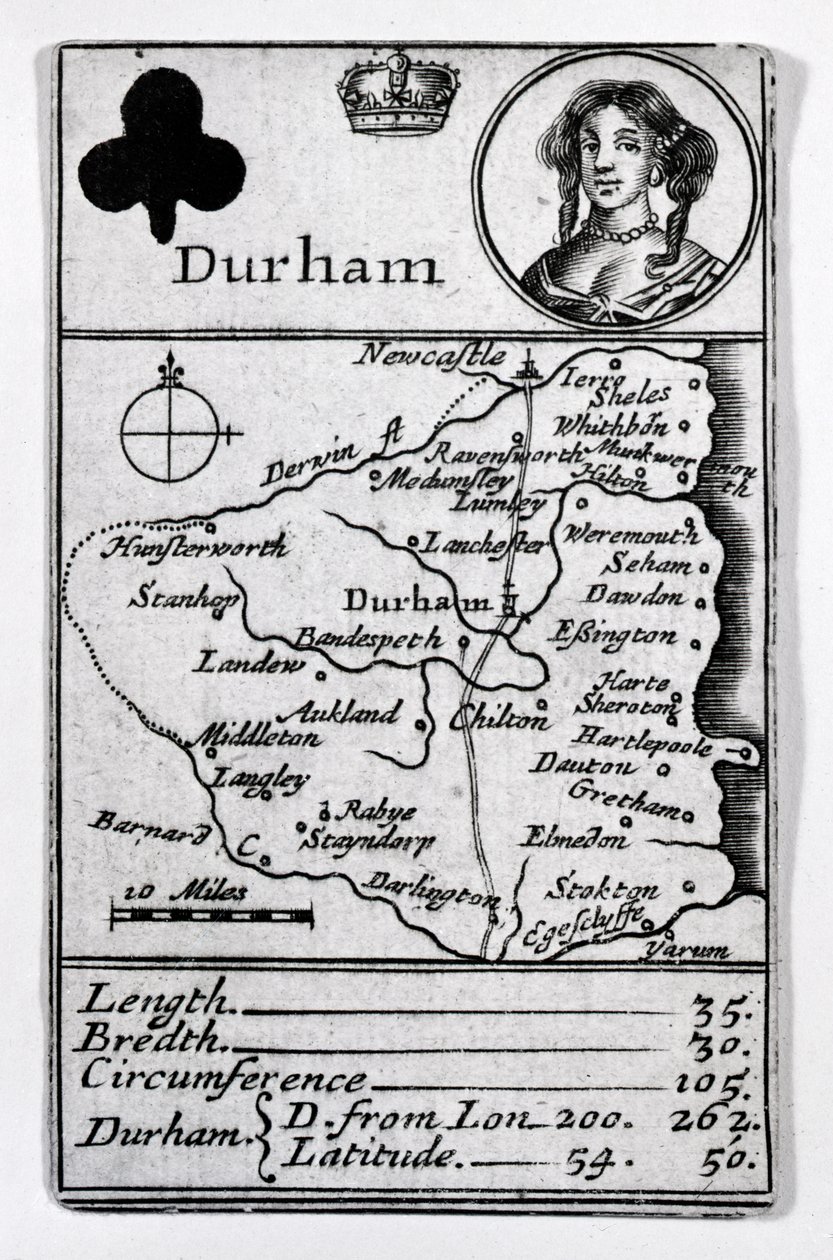 Reina de tréboles y mapa de Durham, c.1675 de English School