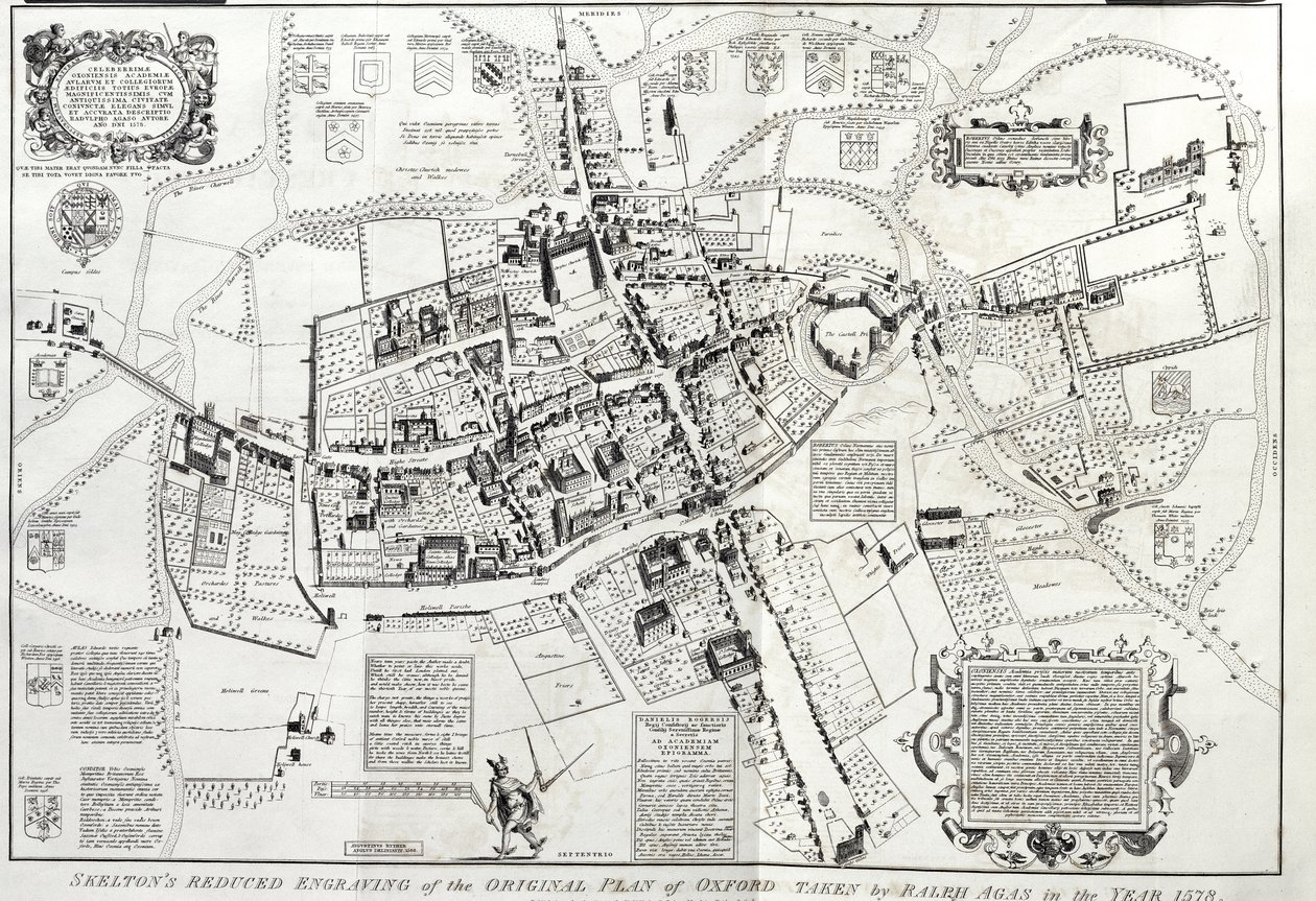 Frontispicio de Oxonia antiqua restaurata, una vista aérea de Oxford, versión reducida del original por Ralph o Radulph Agas (c.1540-1621) de 1578, por Joseph Skelton, Oxford, grabado por W de English School