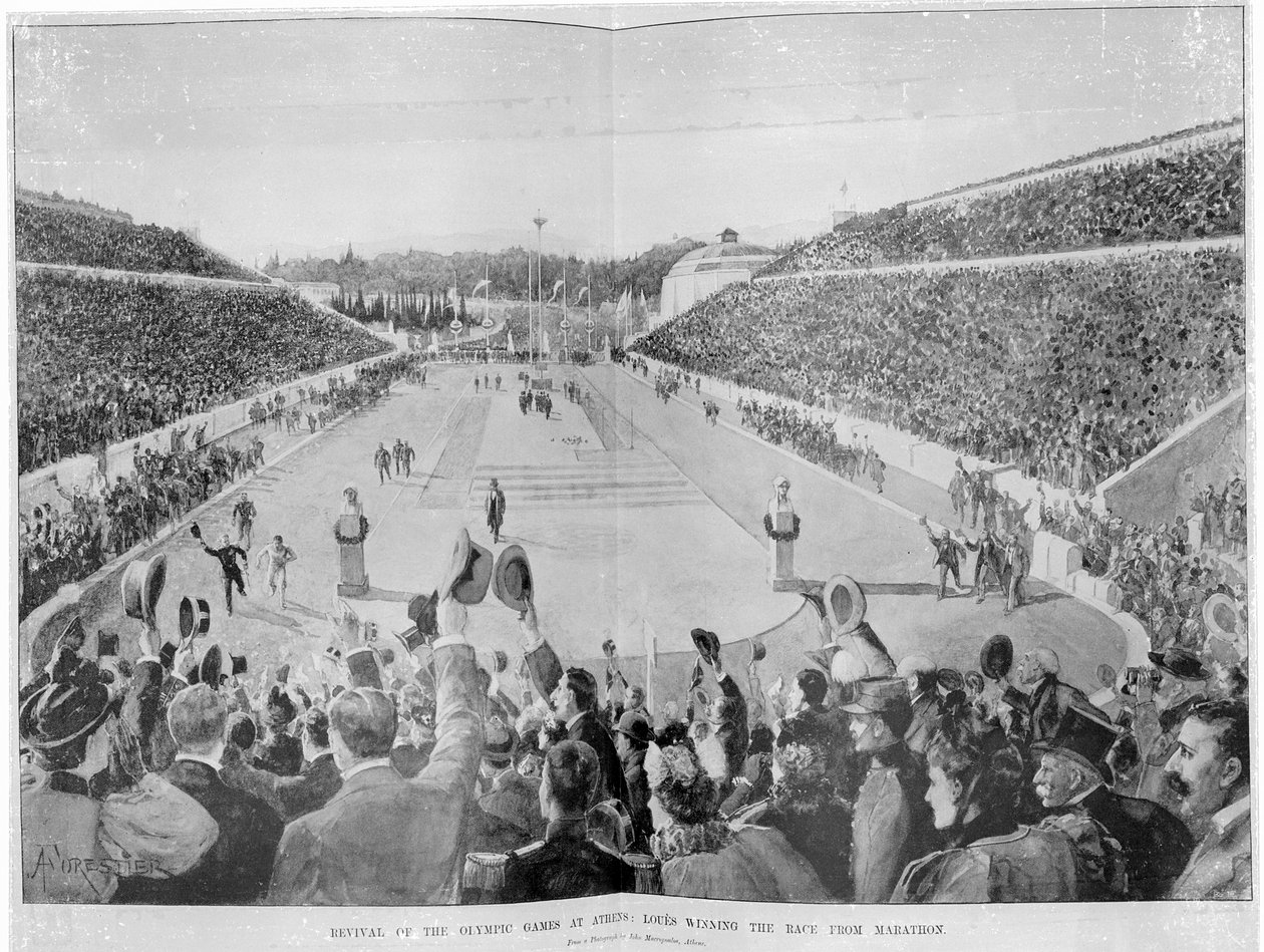 Revivir los Juegos Olímpicos en Atenas: Loues ganando la carrera desde Maratón, 10 de abril de 1896 de English School