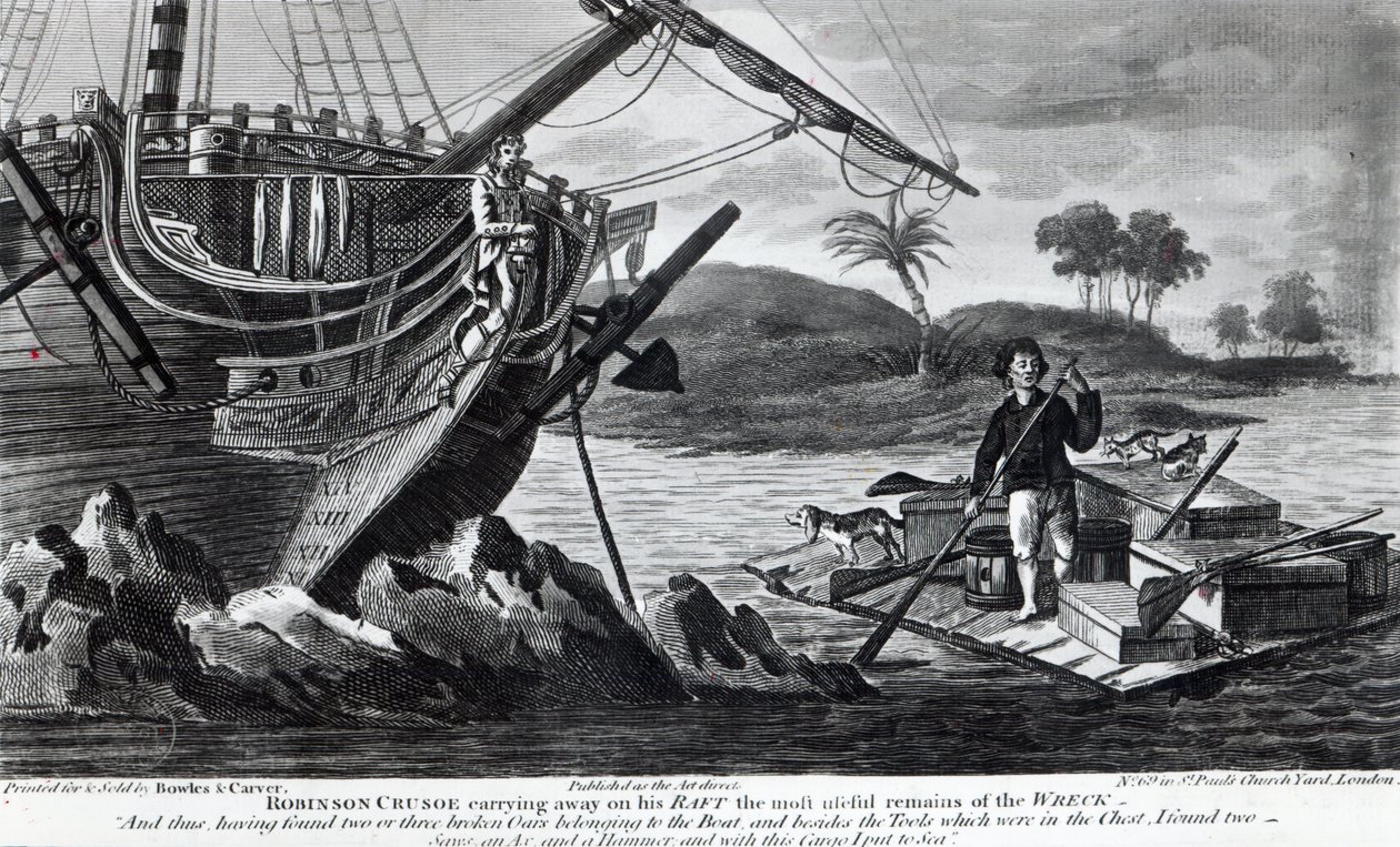 Robinson Crusoe llevando en su balsa los restos más útiles del naufragio de English School