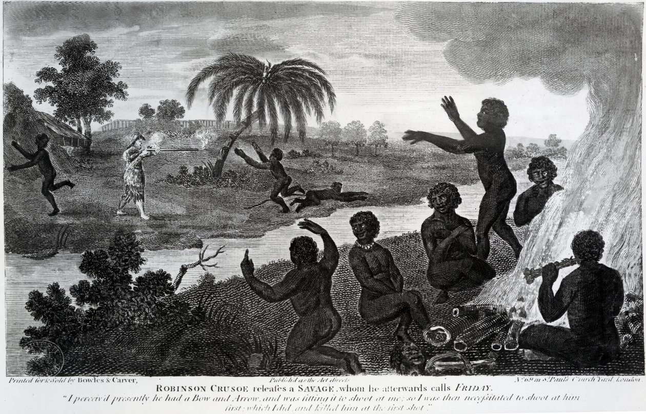 Robinson Crusoe libera a un salvaje, a quien luego llama Viernes, ilustración de 