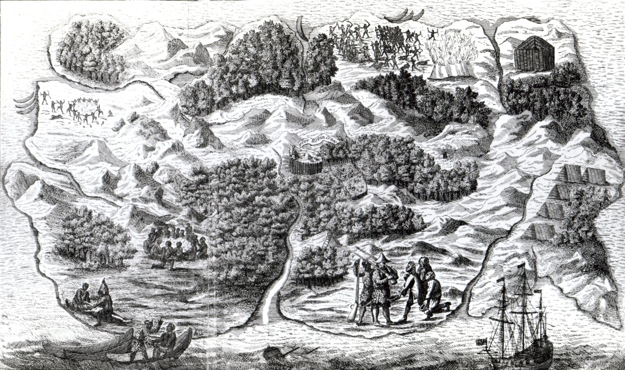 La isla de Robinson Crusoe, grabado por Clark y Pine, 1719 de English School