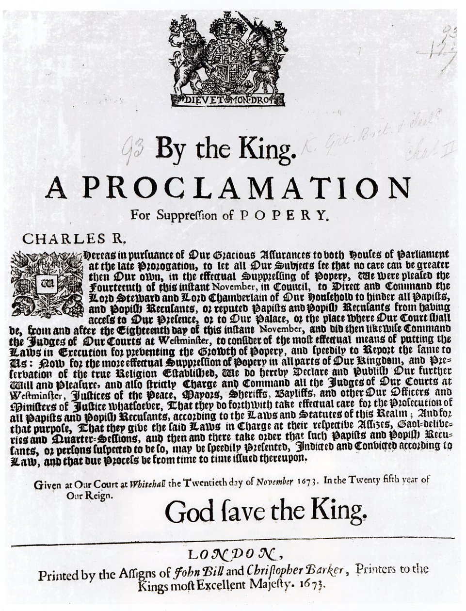 Declaración Real, 1675 de English School