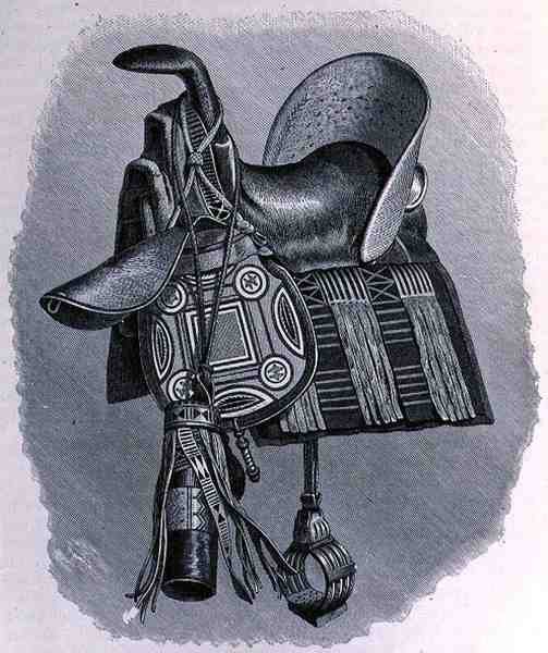 Silla de montar, alforjas y funda de lanza de un jefe de Baghirmi, de La Historia de la Humanidad, Vol.III, Prof. Friedrich Ratzel, 1898 de English School