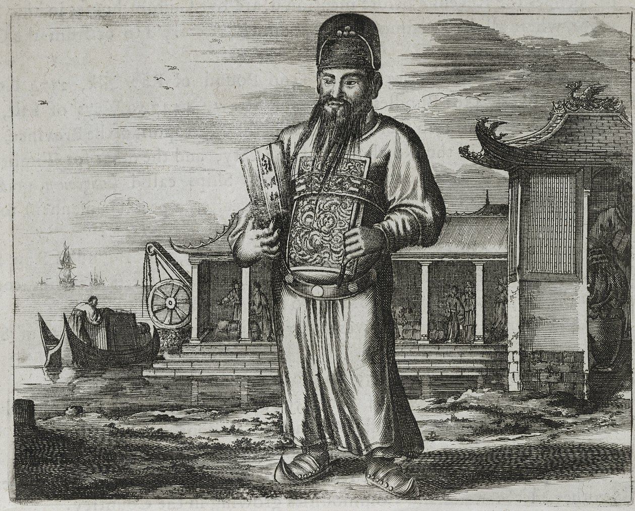 Alto Funcionario Civil Recolectando Impuestos, ilustración de una descripción de Embajadas a China, 1690 de English School