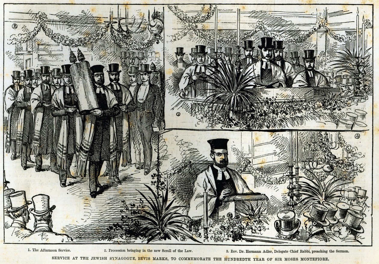 Servicio en la Sinagoga Judía, Bevis Marks, para conmemorar el centenario de Sir Moses Montefiore, de 