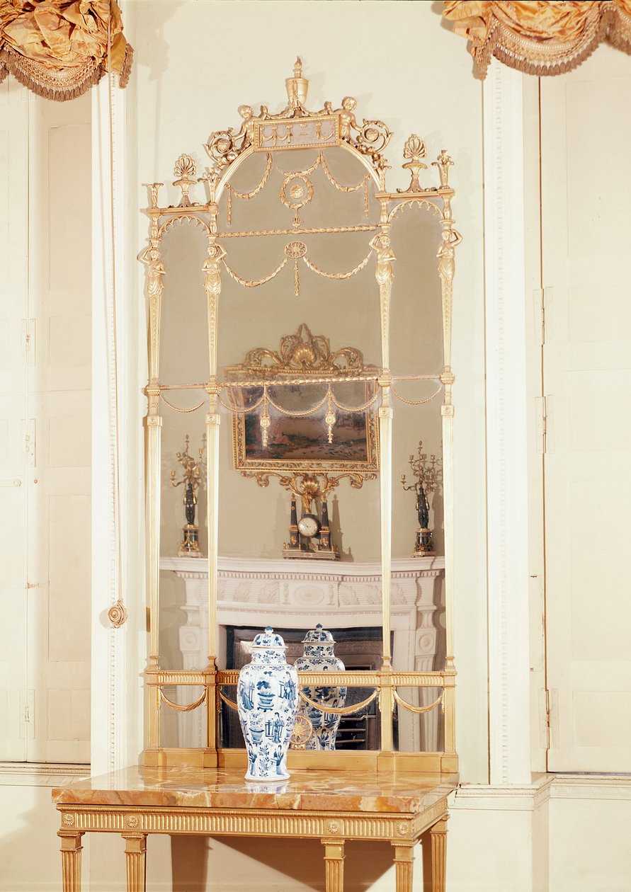 Mesa auxiliar y espejo de pier, tallados y dorados, diseñados por Robert Adam, 1777 de English School