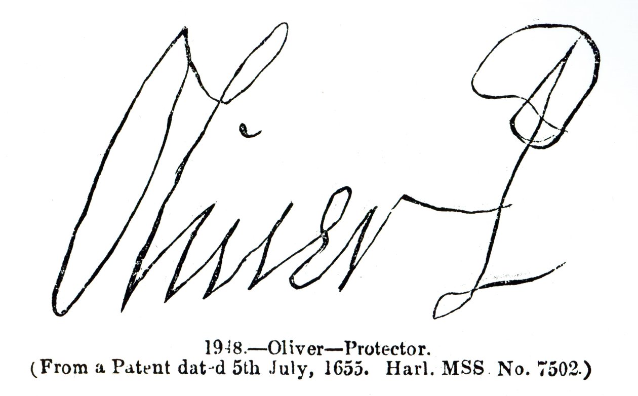 Firma de Oliver Cromwell (1599-1658) Lord Protector, de un manuscrito de patente (Harl.MSS No.7502) fechado el 5 de julio de 1655 de English School