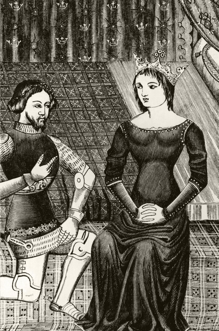Sir Lancelot arrodillado frente a la Reina Ginebra, grabado después de una miniatura del siglo XII de English School