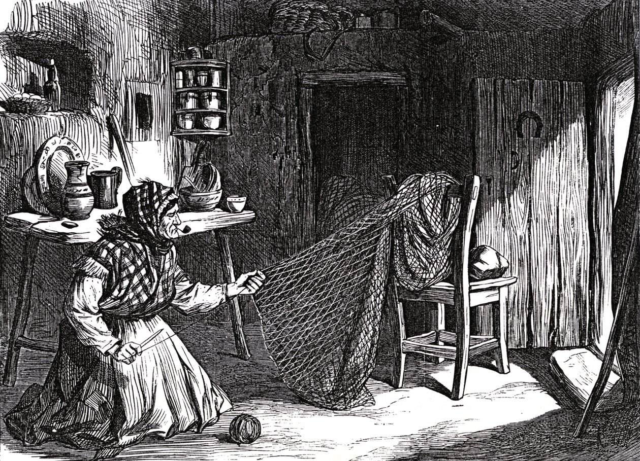 Bocetos de Irlanda: Mujer haciendo redes en el Claddagh, Galway, ilustración de 