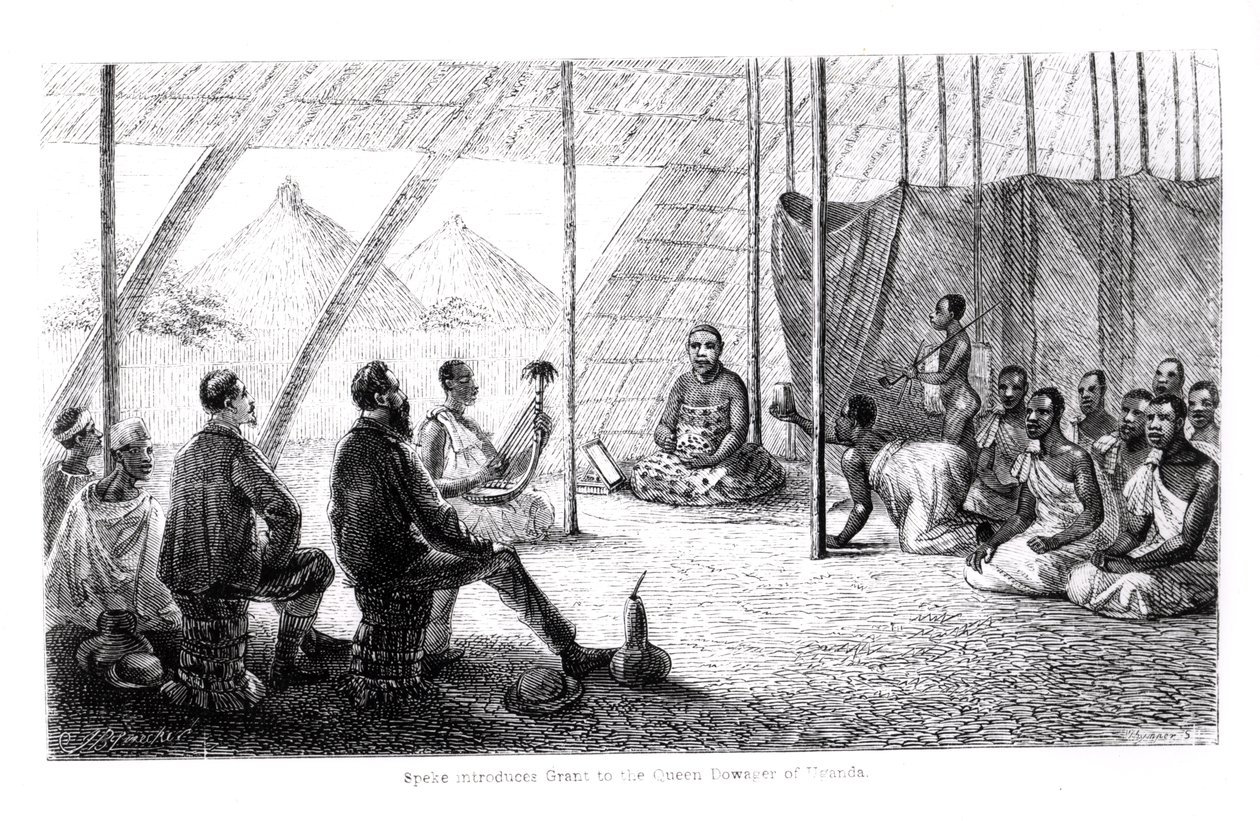 Speke (1827-64) presenta a Grant (1827-92) a la Reina Viuda de Uganda de English School