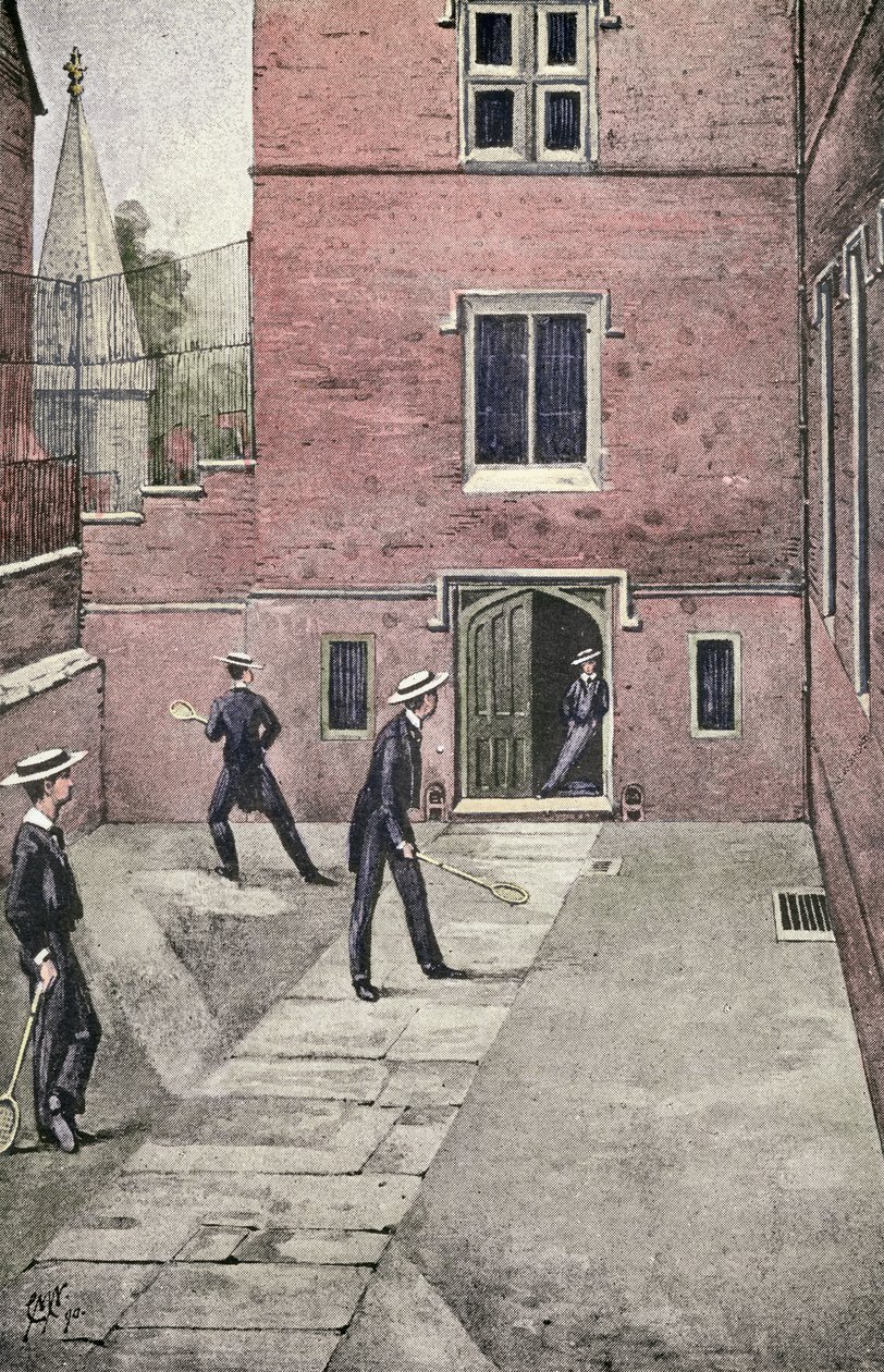Raquetas de squash en Harrow, ilustración de Lawn Tennis Rackets and Fives, pub. 1890 de English School