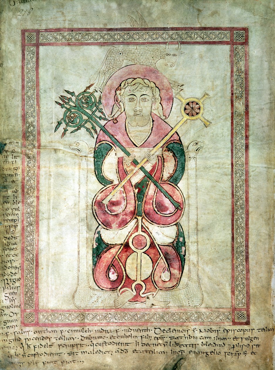 San Lucas y su becerro alado, página de título del Evangelio de San Lucas, de los Evangelios de Lichfield, c.720 de English School