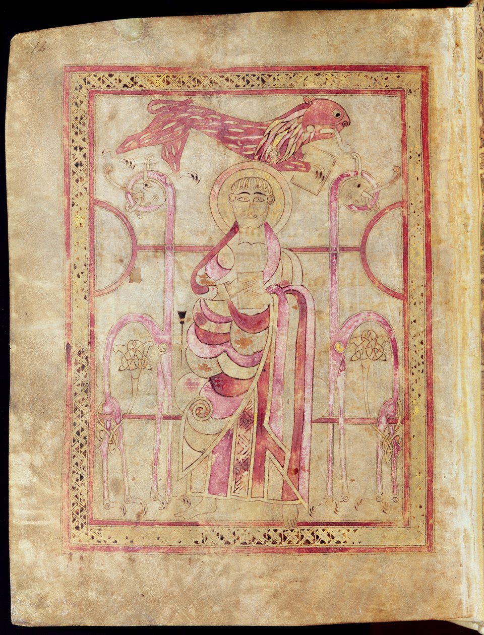 San Marcos entronizado con su león, página de título del Evangelio de San Marcos, de los Evangelios de Lichfield, c.720 de English School