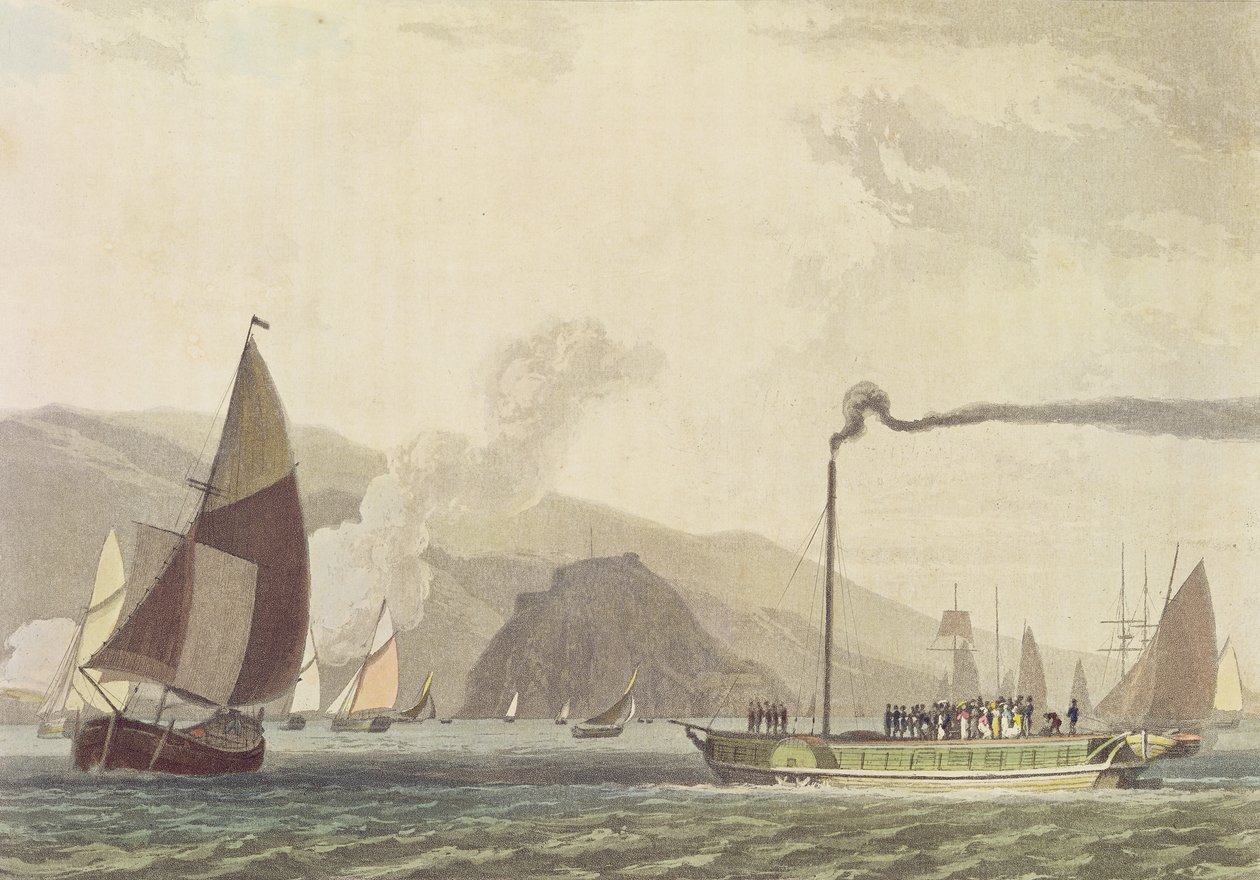 Barco de vapor en el Clyde cerca de Dumbarton, 1802 (aguatinta) de English School