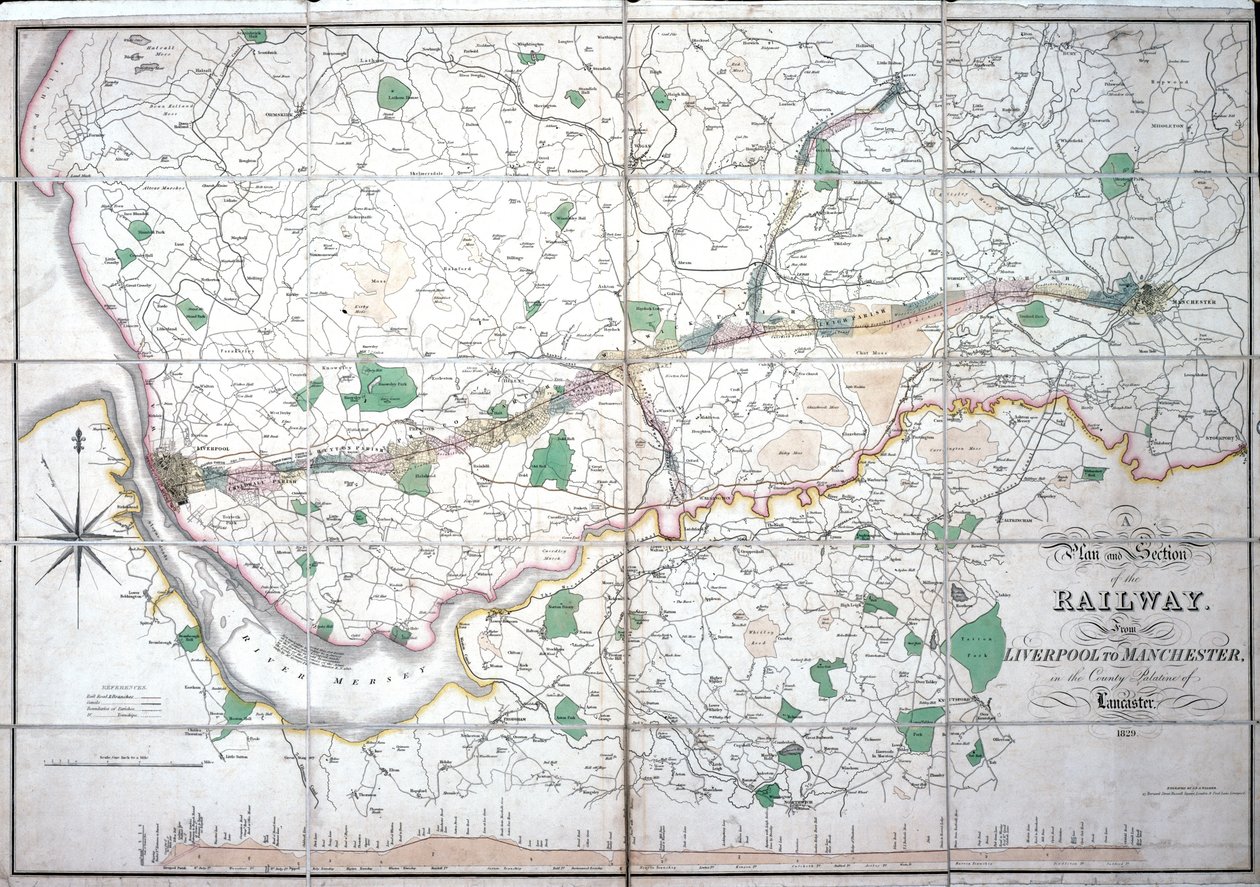 Mapa de Stephenson del Ferrocarril de Liverpool y Manchester, c.1824-1830 de English School