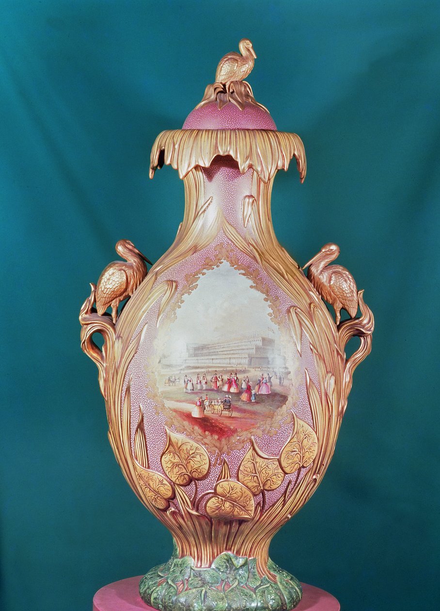 Jarrón de gres dorado que representa la visita de la Reina Victoria a la Gran Exposición, hecho por Charles Neigh and Sons de English School