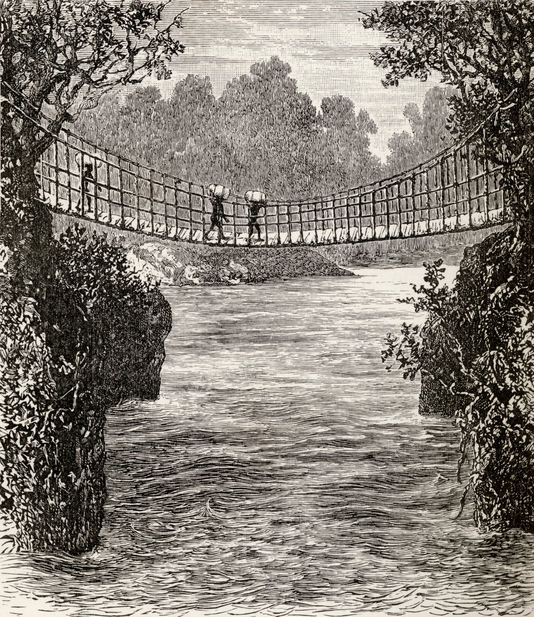 Puente colgante sobre el río Ituri, el Congo, 1890 de English School