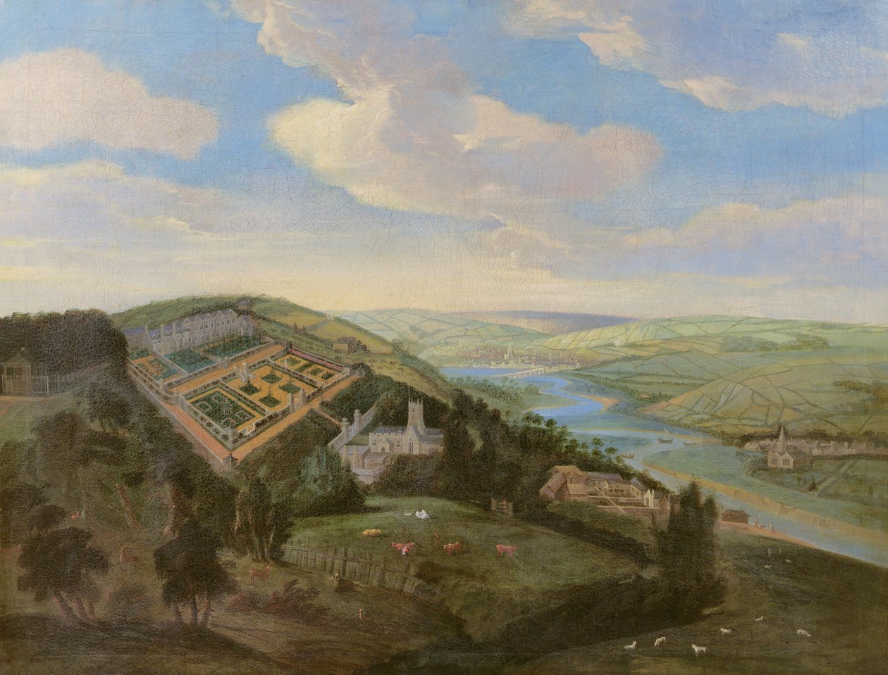 Tawstock Court en Devon, con una vista de Barnstable en la distancia, c.1740 de English School