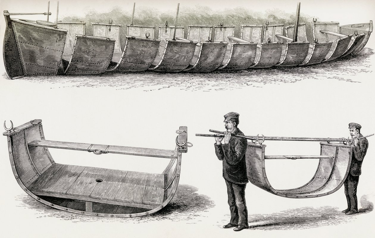 El barco de acero Advance de 28 pies, diseñado para ser transportado por tierra, 1890 de English School