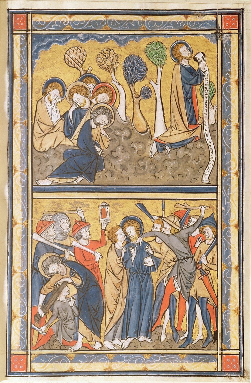 La Agonía en el Jardín y la Traición de Cristo, hoja de un salterio, c.1270 de English School