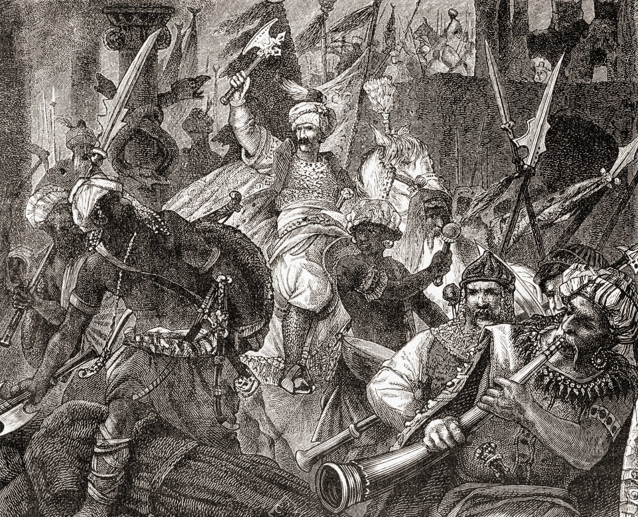 La Batalla de Alcacer Quibir también conocida como Batalla de los Tres Reyes o Batalla de Oued al-Makhazin, norte de Marruecos, 4 de agosto de 1578, de Ward and Locks Illustrated History of the World, pub. c.1882 de English School