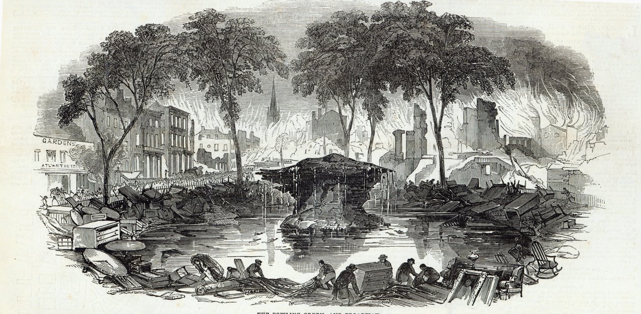 El Bowling-green y Broadway, Nueva York, de The Illustrated London News, 23 de agosto de 1845 de English School