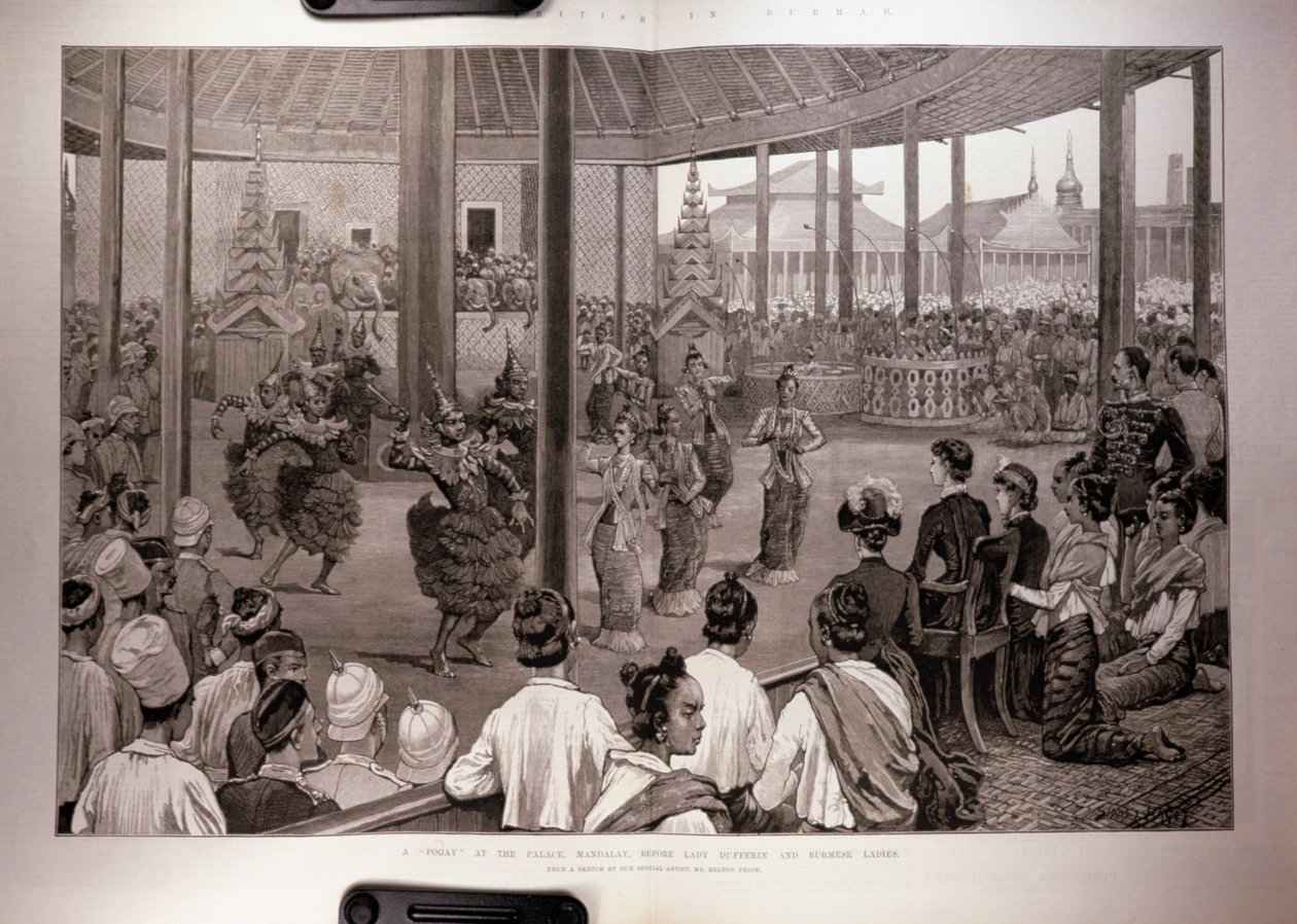 Los británicos en Birmania: Un Pooay en el Palacio, Mandalay, ante Lady Dufferin y damas birmanas, de 