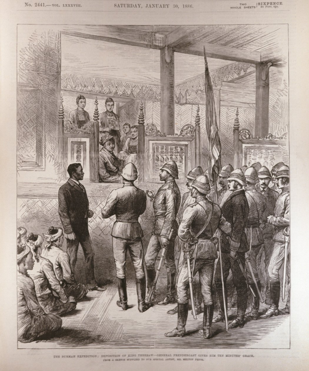 La deposición del rey Theebaw (1858-1916) en Birmania: El general Prendergast le da diez minutos de gracia, de The Illustrated London News, 30 de enero de 1886 de English School