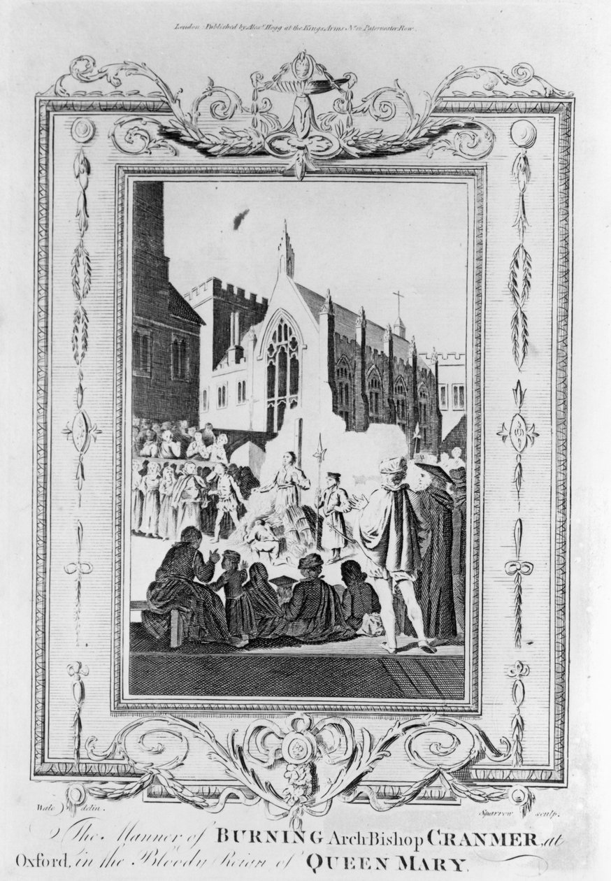 La quema del arzobispo Thomas Cranmer (1489-1556) en Oxford durante el sangriento reinado de la Reina María (1516-58), grabado por Thomas Sparrow (1765-84) de English School