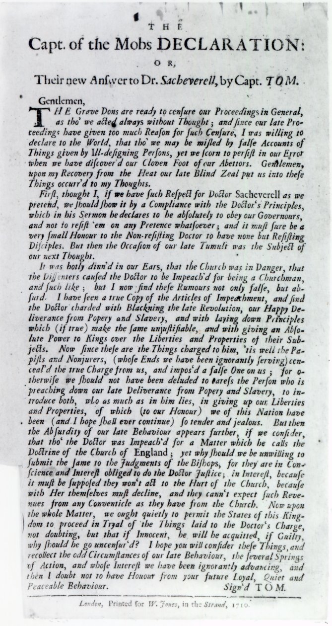 La declaración del Capitán de los Mobs o, Su nueva respuesta al Dr. Sacheverell, por el Capitán Tom, 1710 de English School