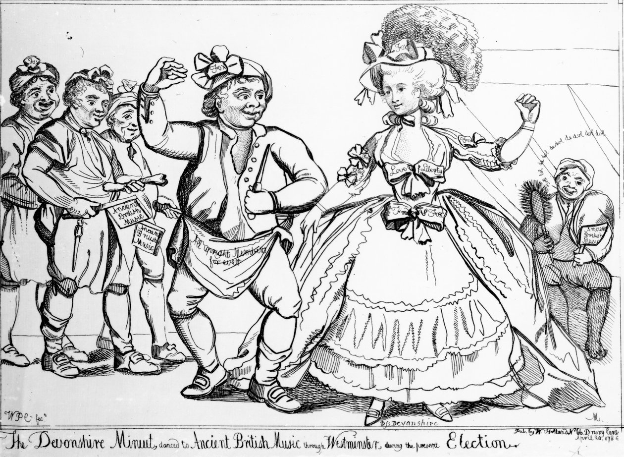 El minueto de Devonshire, bailado con música británica antigua a través de Westminster durante la elección, grabado por William Paulet Carey de English School